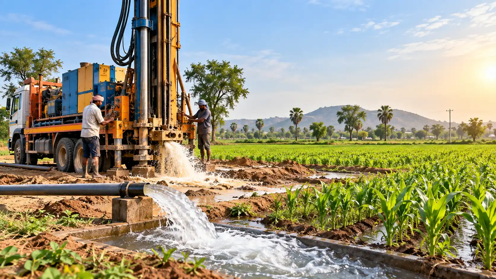 Agricultural borewell drilling on Indian farmland