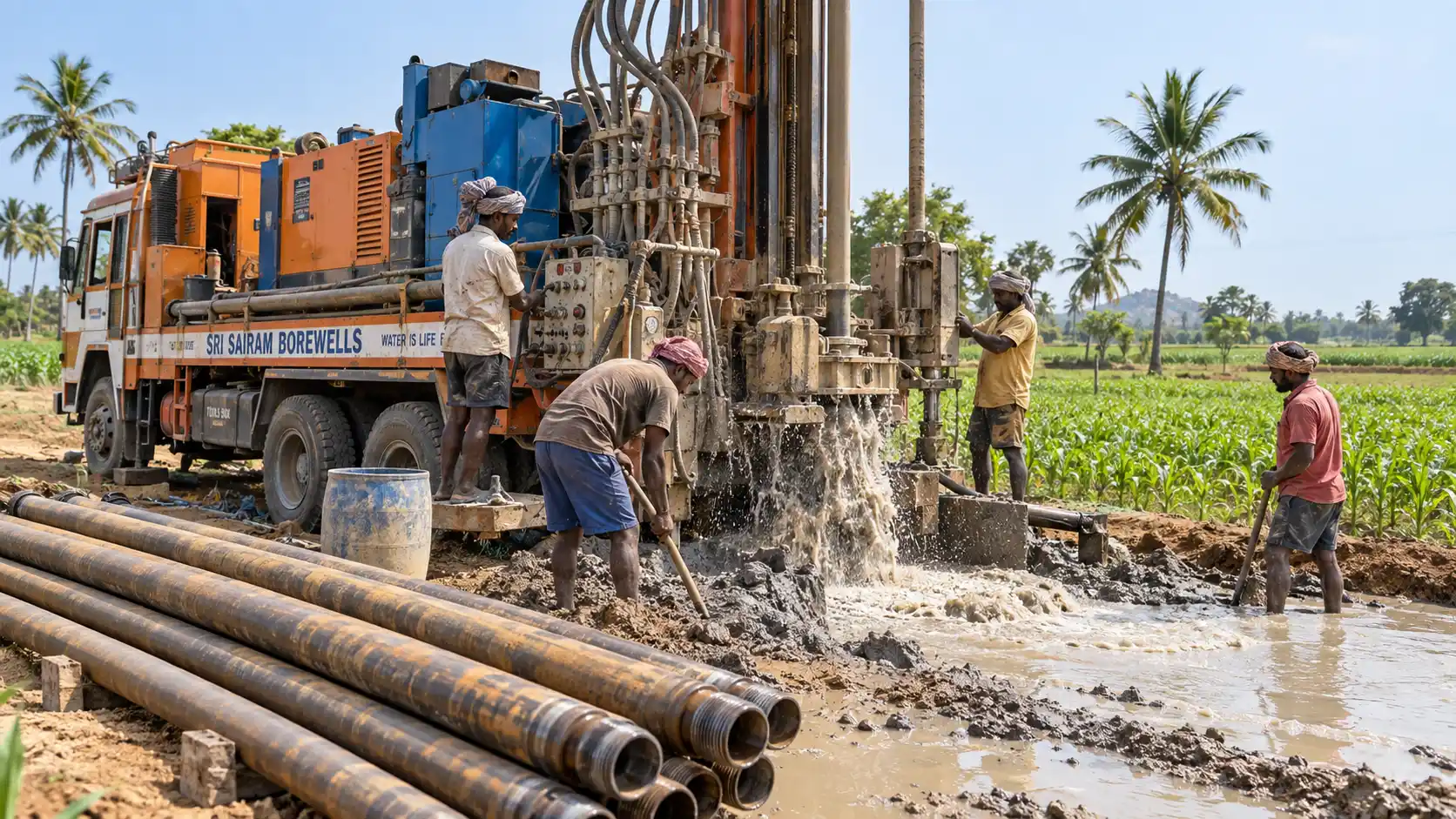 Borewell drilling on agricultural land in India