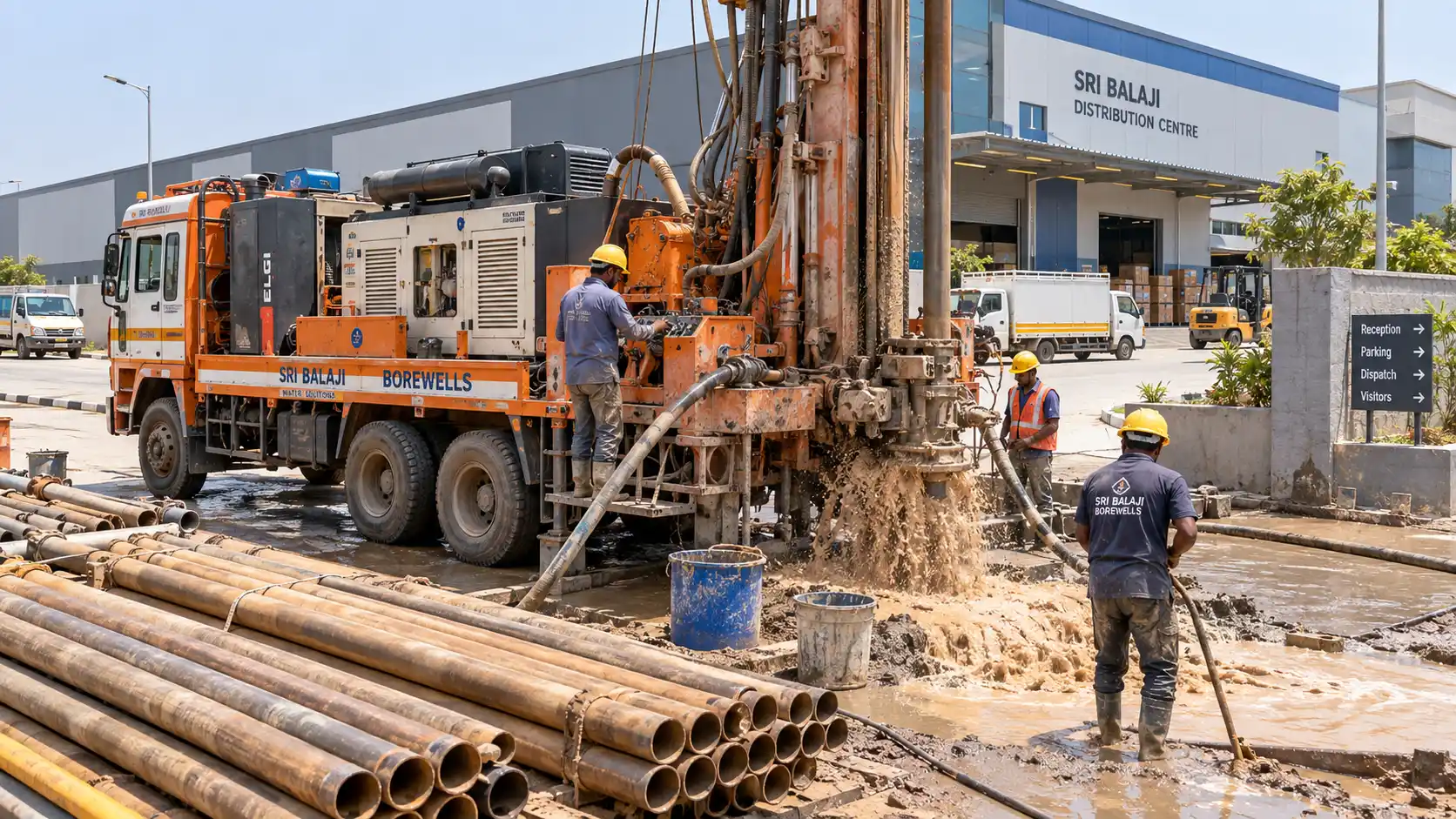 Borewell drilling at an Indian commercial site