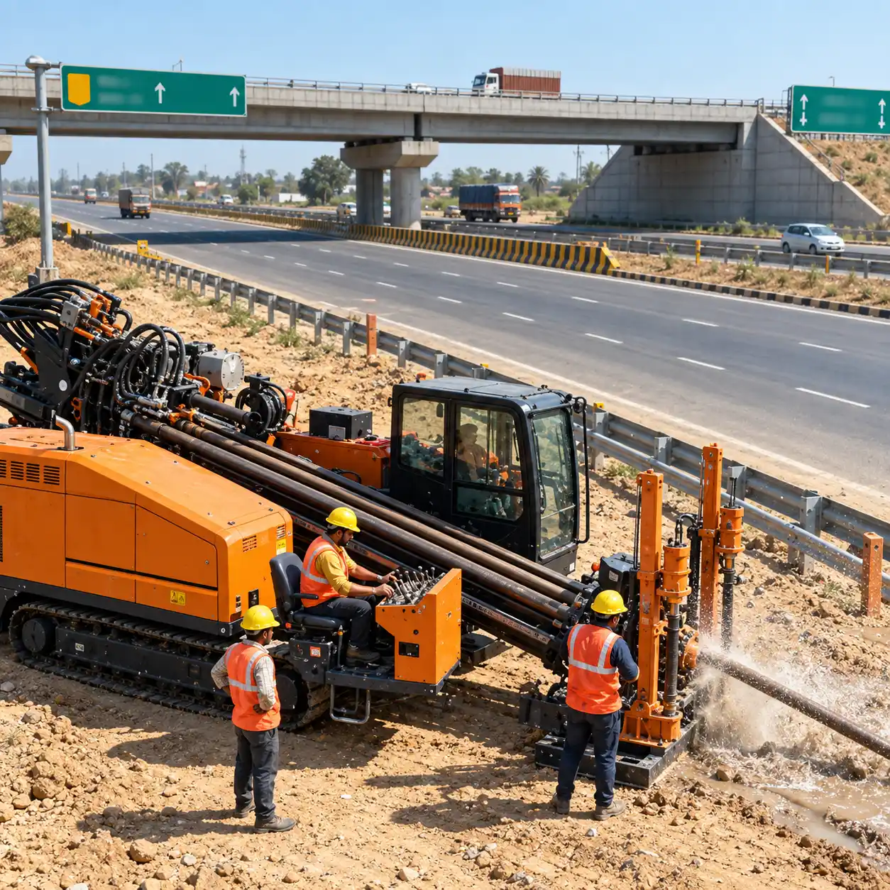 Workers handling drilling machinery at an Indian project site