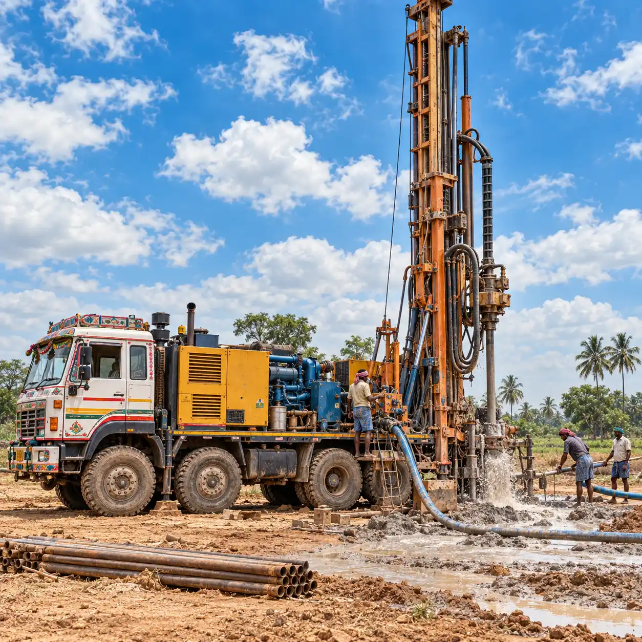 Indian borewell drilling rig releasing water at a work site