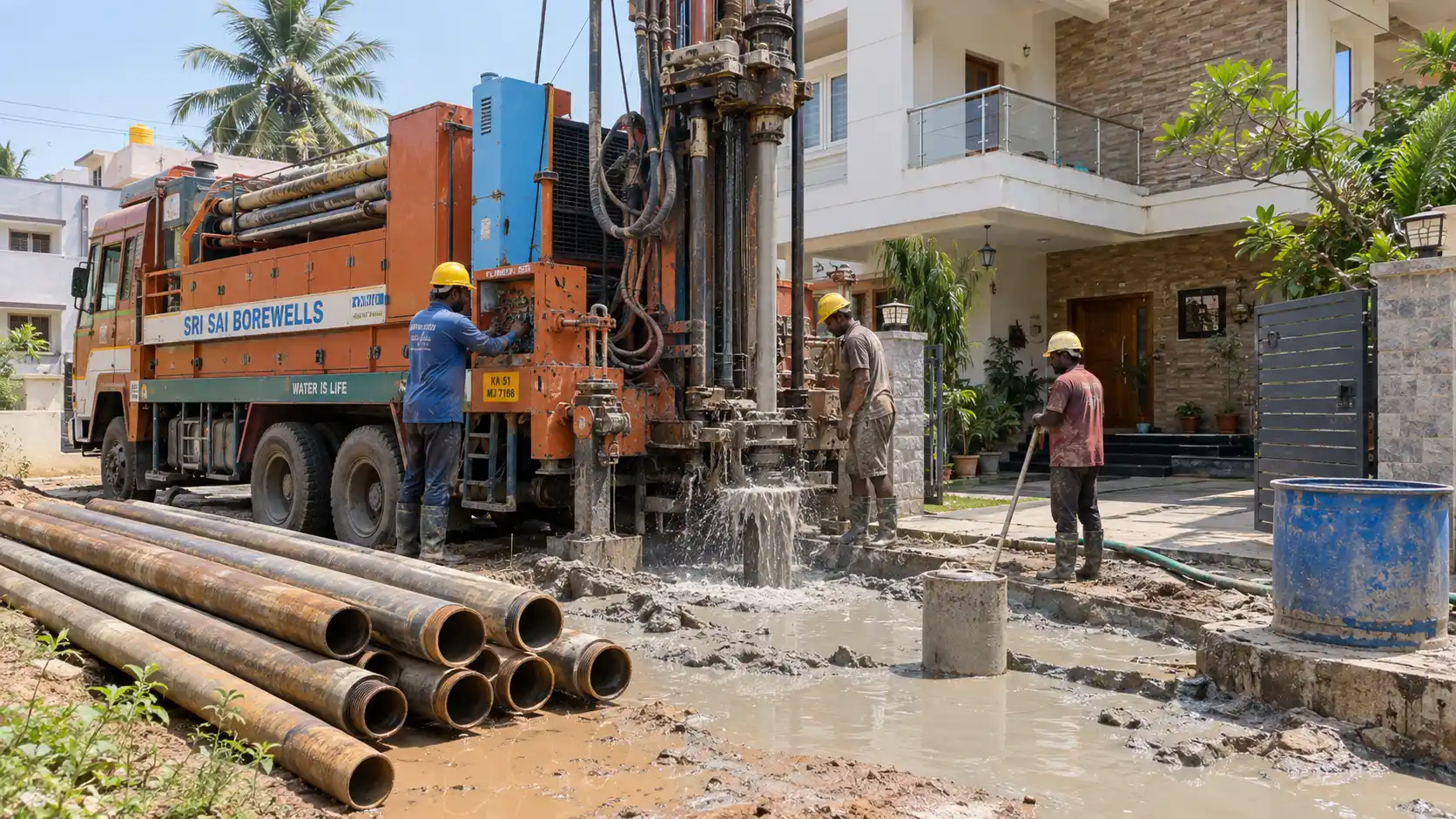 Borewell drilling at an Indian residential site